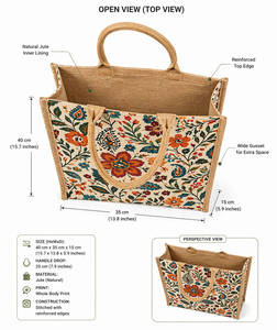 Premium Floral Printed Jute Tote <b>Bag</b> Eco Friendly <b>Reusable</b> Shopping <b>Bag</b> with Laminated Interior - Product Image 3