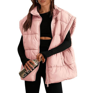 Chaleco Acolchado Rosa para Mujer con Cierre de Cremallera, Cuello Alto, Prenda Exterior Informal, Ligero, Resistente al Viento, de Color Sólido - Product Image 1