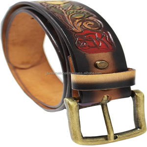 Customized Rodeo Multicolor Rose Embossed Hand Carved Brown Western Leather <b>Tooling</b> <b>Belt</b> for Men & Women with Solid Brass Buckle - Product Image 3