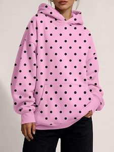 <b>Pink</b> Polka Dot Oversized Women Hoodie Pullover <b>Sweatshirt</b> with Pockets Regular Fit Autumn Casual Wear - Product Image 3