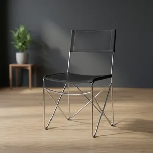 Chaise en cuir noir moderne avec structure en fer chromé, chaise de salle à manger minimaliste, mobilier de siège contemporain de style industriel - Product Image 4