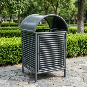 Poubelle extérieure en métal robuste avec couvercle anti-pluie et panneaux latéraux à lattes pour parc, jardin, centre commercial, rue, bureau et espaces publics - Product Image 5
