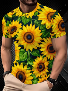 T-shirt à manches courtes pour homme, col rond, imprimé floral tournesol, coupe ajustée, vêtement décontracté, tissu en polyester respirant, chemise élégante - Product Image 6