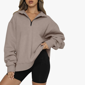 Sweat-shirts à capuche pour femmes, hiver, coupe oversize, quart de zip, en polaire, manches bouffantes, logo de marque personnalisé, grammage lourd, respirant, grandes tailles - Product Image 2