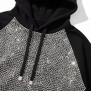 Sweat-shirt à capuche surdimensionné pour homme, orné de strass, manches raglan, tricoté, vêtements d'hiver, couleur unie, noir - Product Image 5