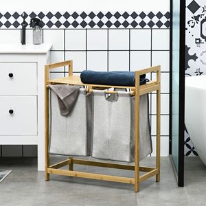 Cesto Portabiancheria Doppio in Bambù con Ripiano, 2 Sacchi Estraibili e Rimovibili, Legno Naturale e Grigio Scuro per Bagno - Product Image 2