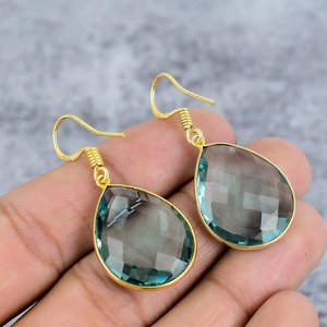 Pendientes de alambre con forma de pera chapados en oro con gema de cuarzo acuático, engastados en bisel, modernos para bodas, fiestas y uso diario para mujer - Product Image 4