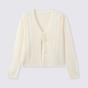 Cárdigan de Punto con Cuello en V para Mujer, Color Crema, Manga Larga, Casual, Otoño, Color Sólido, 100% Acrílico, Diseño con Lazos Suaves - Product Image 4