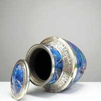 Urne funéraire artisanale en métal bleu avec bordure argentée, ronde, faite à la main, style luxe, pour cadeau de condoléances