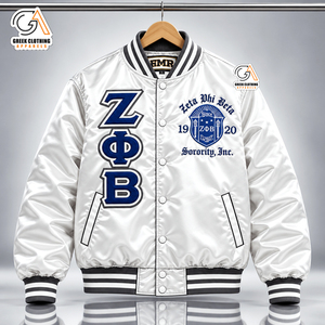 Chaqueta Universitaria Ligera y Ecológica de Satén Zeta Phi Beta para Mujer, Talla Grande, Blanca y Negra, con Letras Griegas Bordadas - Product Image 1