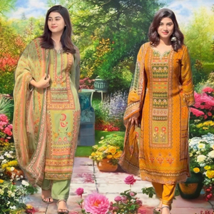 Ensemble haut et bas pour femme, style moderne, en Georgette Foux épaisse, imprimé numérique, avec dupatta et broderies à la main, séchage rapide, VISHNU K DESIGNS - Product Image 1