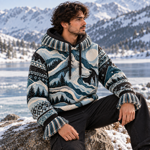 เสื้อฮู้ดผ้าทอแจ็คการ์ดลายอาร์กติกแบบกำหนดเอง เสื้อสเวตเตอร์มีฮู้ดลายกราฟิก ผู้ผลิตเสื้อผ้าสตรีทแวร์ - Product Image 3