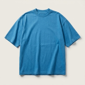 T-shirt à épaules tombantes, T-shirt court, T-shirt homme uni à col rond et manches courtes, coupe classique, décontracté, en jersey de coton bleu - Product Image 4