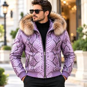 Chaqueta de Motociclista Premium para Hombre, de Cuero de Pitón Genuino, con Capucha de Piel de Zorro |   Chaqueta de cuero para hombre |   Chaqueta de Cuero para Hombre - Product Image 5