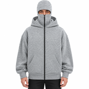 Custom <b>Men's</b> Double Balaclava Hoodie Polyester Cotton Full Zip Streetwear Jacket Casual Style With Attached <b>Face</b> Cover And Cuffs - Product Image 1