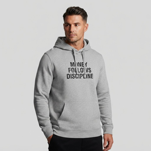 เสื้อสเวตเชิ้ตมีฮู้ดสีเทาสำหรับผู้ชาย พิมพ์ลาย Money Follows Discipline ผ้าฟลีซคอตตอน ใส่ได้ในฤดูใบไม้ร่วง - Product Image 1