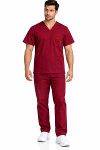 Conjunto de Uniforme Médico Unisex Color Granate con Cuello en V y Manga Corta, Parte Superior e Inferior de Tela Tejida - Product Image 2