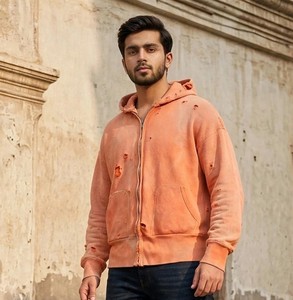<b>Women's</b> <b>Orange</b> Acid Wash Zip-Up <b>Hoodie</b> 100% Cotton Anti-Wrinkle Front Logo Vintage Streetwear <b>for</b> Autumn-with Full Customization - Product Image 1