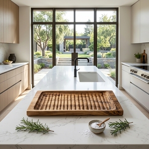Plateau de service côtelé en bois de teck massif de qualité alimentaire, planche à pain en bois naturel, accessoires de cuisine écologiques faits à la main, ensembles de présentation - Product Image 2