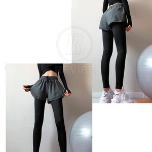 Leggings de yoga en polyester et coton tricoté 2-en-1, taille mi-haute, respirants, sur mesure, vente en gros - Product Image 6