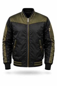 Chaqueta Bomber Negra para Hombre, Cierre de Cremallera, Estilo Casual, Cuello Alto, Bloques de Color, Material de Poliéster, Ropa de Otoño - Product Image 1