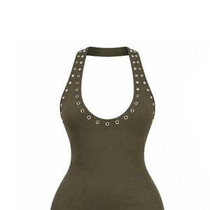 Body moulant vert olive pour femme avec col halter, foulard à nouer, détails rivets, sans manches, extensible, sexy, pour le printemps et l'été - Product Image 3