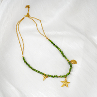 Collier Bohème en Acier Inoxydable avec Breloques Perles, Plaqué Or PVD Étanche, Pierre Naturelle Verte, Étoile de Mer, Coquillage, Queue de Baleine