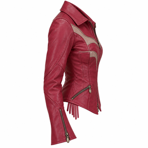 Women Real Leather <b>Jacket</b> Magenta Berry Beige Wing Panel Flare Sleeve Asymmetric Hem <b>Fringe</b> Custom Vendor Offer Services - Product Image 3