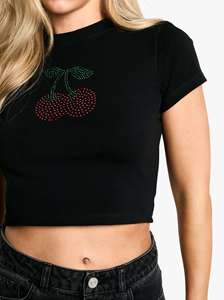 Hot Sale Women’s Crop <b>Top</b> Soft Cotton Spandex Round Neck Cherry Rhinestone Print Cropped T Shirt - Product Image 2