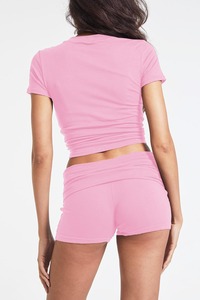 Conjunto de 2 Piezas Rosa, Top Corto con Cuello Redondo y Pantalones Cortos Fruncidos de Cintura Alta, Color Sólido, Spandex y Algodón, Ropa de Yoga - Product Image 2