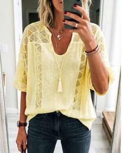 เสื้อเชิ้ตคัตเอาท์สำหรับฤดูร้อนสำหรับผู้หญิง – เสื้อแขน 3/4 ผ้าลูกไม้โปร่ง สำหรับใส่ลำลอง ใส่ทำงาน และใส่กลางแจ้ง ลดราคา - Product Image 1