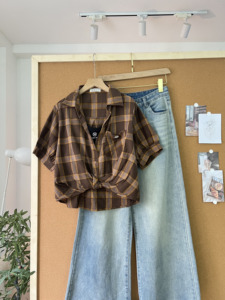 L729959 Women's Oversized Plaid Shirt Casual Loose Fit Short Sleeve Button Down <b>Blouse</b> Spring Summer Fashion Top - Product Image 5