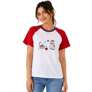 Women White and <b>Red</b> Raglan T Shirt Cute Cat Graphic Print Crew Neck Short Sleeve Cotton Casual Tee Custom OEM ODM Apparel - Product Image 1