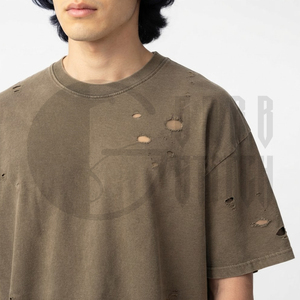 Camiseta Corta Oversize para Hombre, Estilo Desgastado, Color Sólido, Cuello Redondo, Manga Corta, Estilo Urbano, 100% Algodón Jersey, Aspecto Lavado - Product Image 4