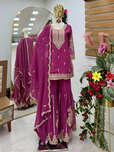 Conjunto de traje Sharara de georgette de zorro puro de diseñador para mujer con bordado de lentejuelas y dupatta, completamente cosido, para fiesta, estilo étnico. - Product Image 1
