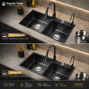 Daystar Trade Modern Design Stainless Steel Double Bowl Handmade Kitchen Sink Faucet Two-Hole SUS304 Bottom Black Undermount - Product Image 2