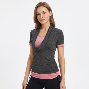 Haut décontracté tricoté à manches courtes gris et rose pour femme, col écharpe, dentelle, blocs de couleur, longueur normale, Spandex Polyester - Product Image 5