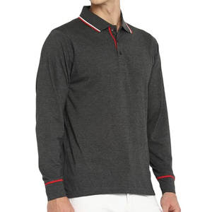 Polo de Manga Larga para Hombre, Color Sólido, Tejido de Algodón Transpirable, Diseño Casual, Cuello y Puños con Ribete Rojo - Product Image 1