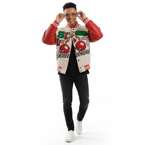 เสื้อแจ็คเก็ตวาร์ซิตี้ SHY SPORTS แบบสั่งทำพิเศษ OEM แขนสีแดง ลายเกม 8-Bit  แบบ Letterman  เสื้อแจ็คเก็ตบอมเบอร์ เสื้อคลุมสำหรับผู้ชายและผู้หญิง - Product Image 3