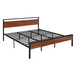 Cadre de lit plateforme en métal noir de 14 pouces, tête de lit et pied de lit en bois brun rétro, grand lit king size avec rangement sous le lit, lits en métal rétro - Product Image 2