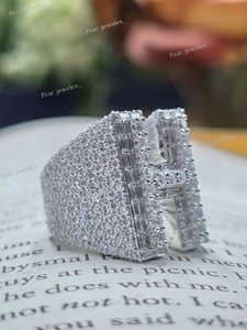 Personalize Silver Letter H Moissanite Cocktail <b>Ring</b> VVS Baguette Cut Unisex Wedding Statement Jewelry - Product Image 4