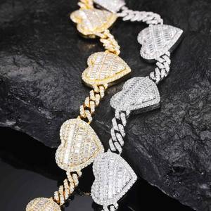 Fashionable Charm Luxury <b>Solid</b> <b>Silver</b> Baguette Heart Cuban Link <b>Bracelet</b> Vvs Clarity Moissanite Diamond <b>Bracelet</b> - Product Image 5