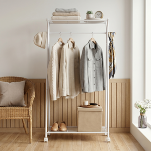 Minimalist Metal Clothing <b>Rack</b> with Double Tier Storage <b>Shelf</b> and Wheels for Bedroom Use - Product Image 1