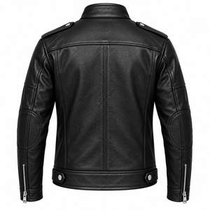 Chaqueta de Motociclista de Cuero PU Negra para Hombre, Corte Ajustado, Cuello Alto, Cierre de Cremallera, Estilo Biker, para Otoño - Product Image 2