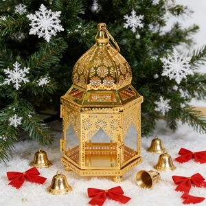 Festive Gold Metal <b>Moroccan</b> <b>Lantern</b> with Glass Panels Decorative Candle Holder for Christmas Ramadan Home Table Decor - Product Image 1