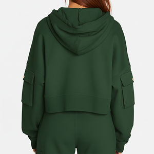 Prix de gros Sweat à capuche court d'hiver 100% Coton molletonné imprimé personnalisé, écologique, délavé à l'acide, avec poches cargo et manches, grande taille - Product Image 2