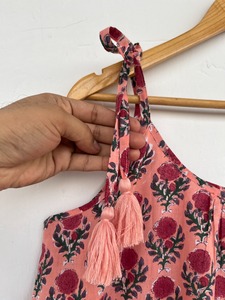 Women Peach Floral Cotton Maxi A-Line Vintage Sundress Tie Shoulder Short Sleeve <b>Ruffle</b> Hem Boutique Wholesale - Product Image 5