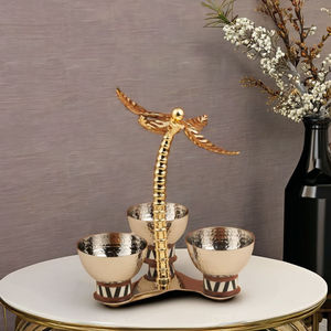 Metal Silver Cluster Bowl Features Three Compartment Hammered Pieces On Patterned Bases Around A Central Gold Palm <b>Tree</b> <b>Stand</b> - Product Image 3