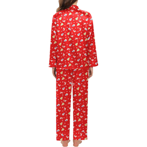 Women's Red Satin Christmas Pajama Set Long Sleeve Full Length Printed Reindeer Snowman Pattern Soft Cozy Winter Sleepwear - Product Image 3