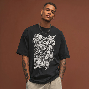 T-shirts imprimés oversize à épaules tombantes pour hommes, t-shirts légers à col rond pour l'été, t-shirts à manches courtes noirs pour hommes - Product Image 1